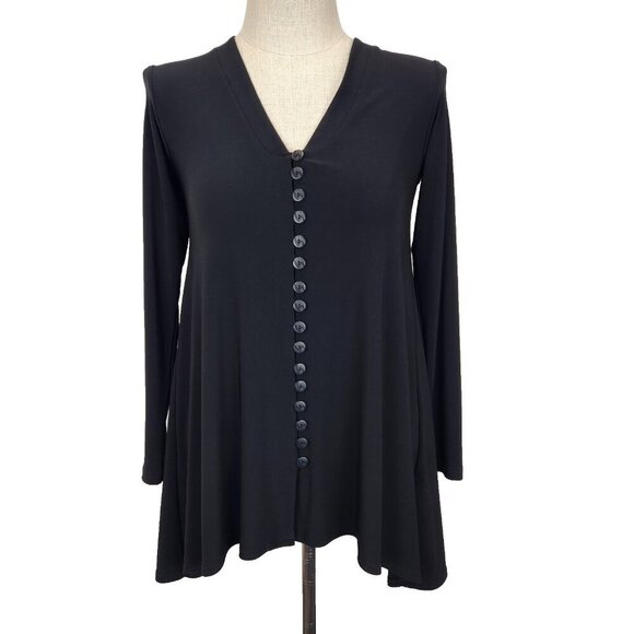 Sympli V-Neck Long Sleeve Tunic Top 6 Black Button Front Knit Lagenlook Stretch - Picture 1 of 11
